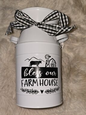 White "Bless Our Farmhouse" Decorative Milk Can with Black Ribbon